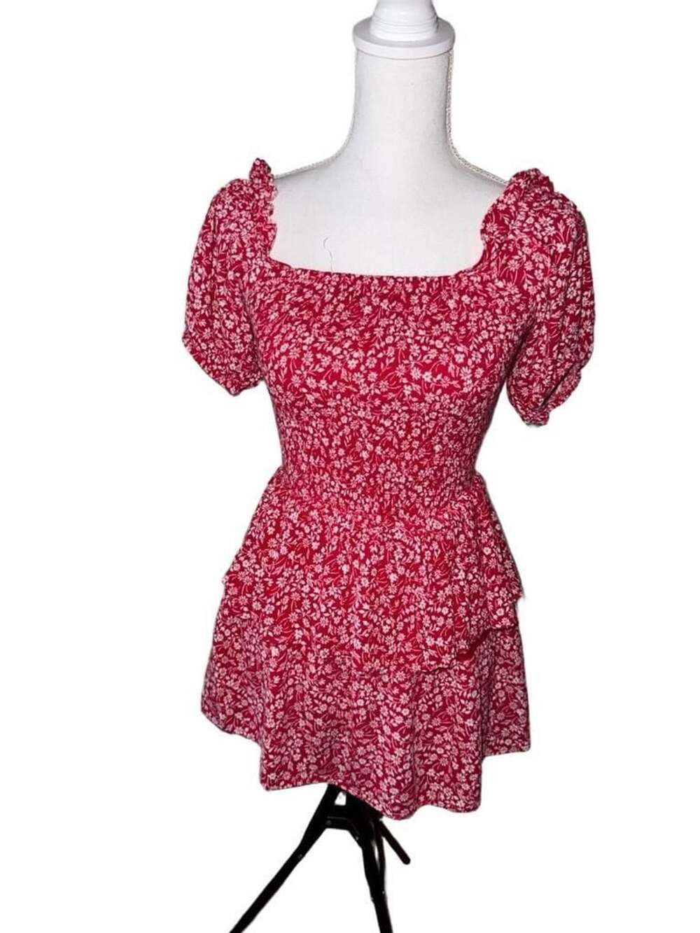 Japra Floral Mini Dress Size S Red White Smocked Puff Sleeve Tiered